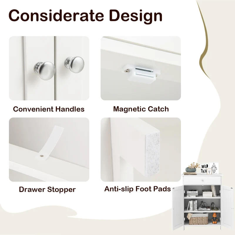 Bathroom Floor Cabinet, Freestanding Storage Organizer, 2 Doors, White