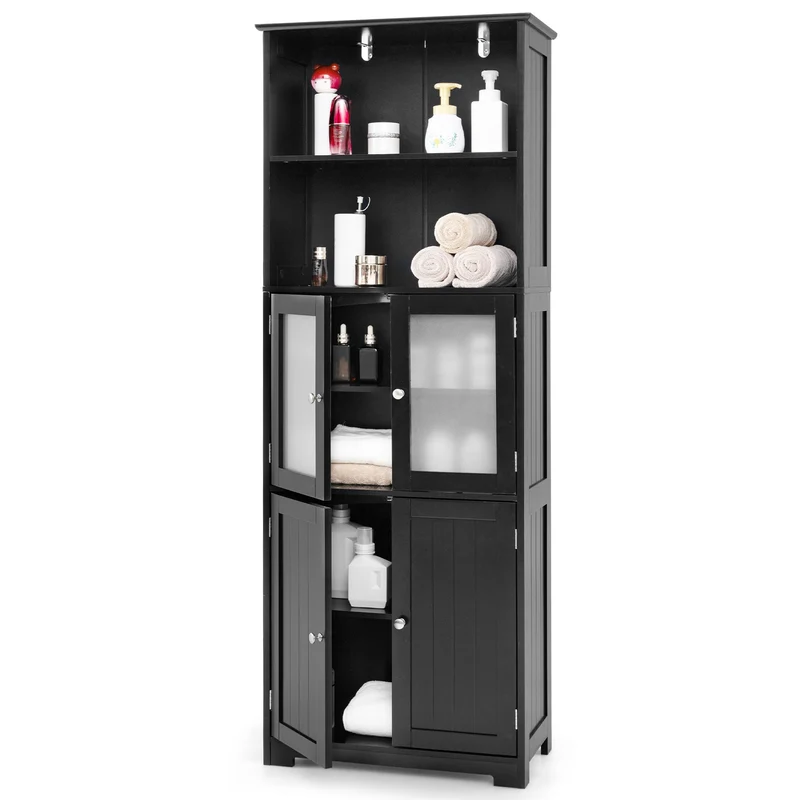 6-Tier Freestanding Bathroom Cabinet, Adjustable Shelves, Black