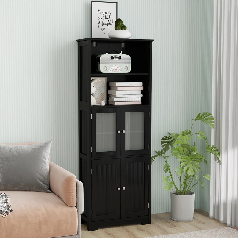6-Tier Freestanding Bathroom Cabinet, Adjustable Shelves, Black