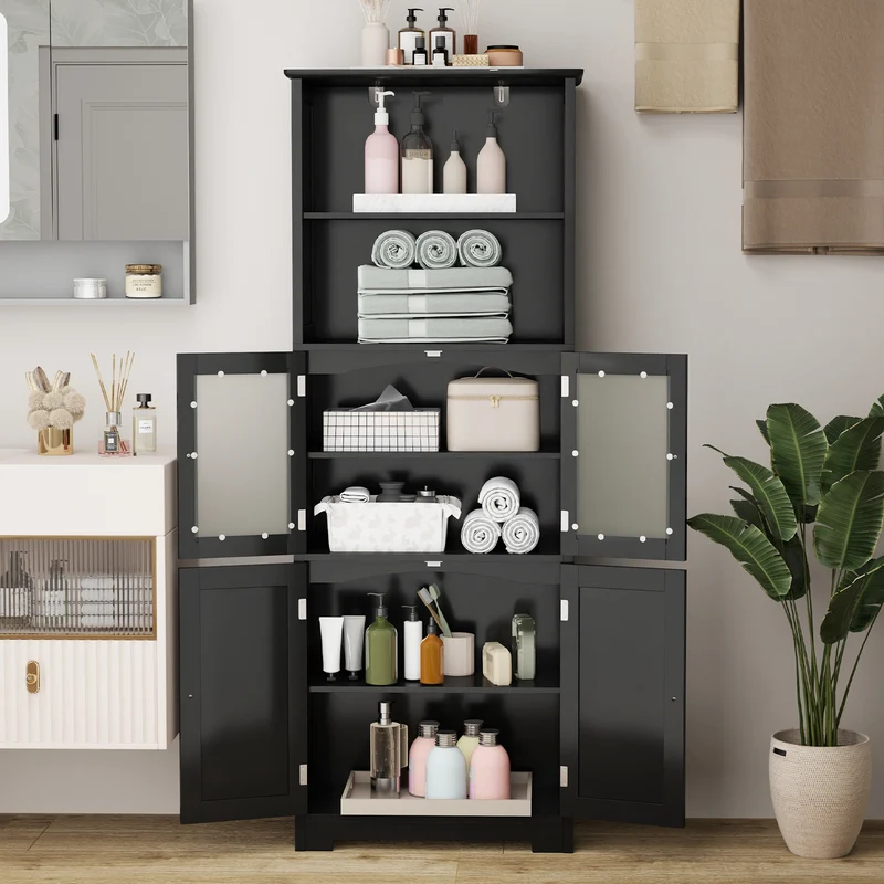 6-Tier Freestanding Bathroom Cabinet, Adjustable Shelves, Black