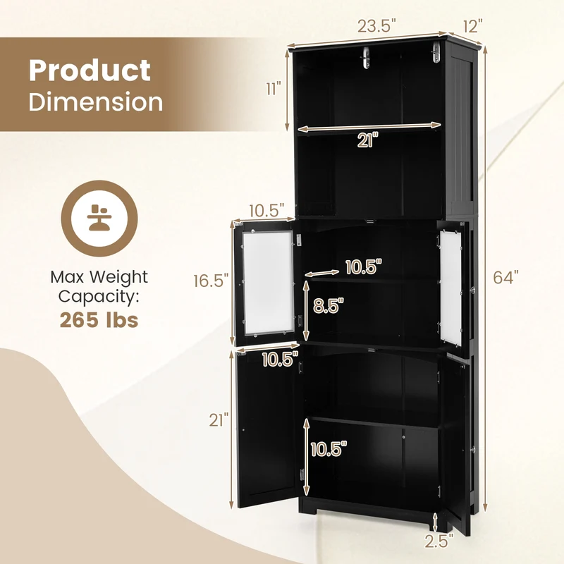 6-Tier Freestanding Bathroom Cabinet, Adjustable Shelves, Black