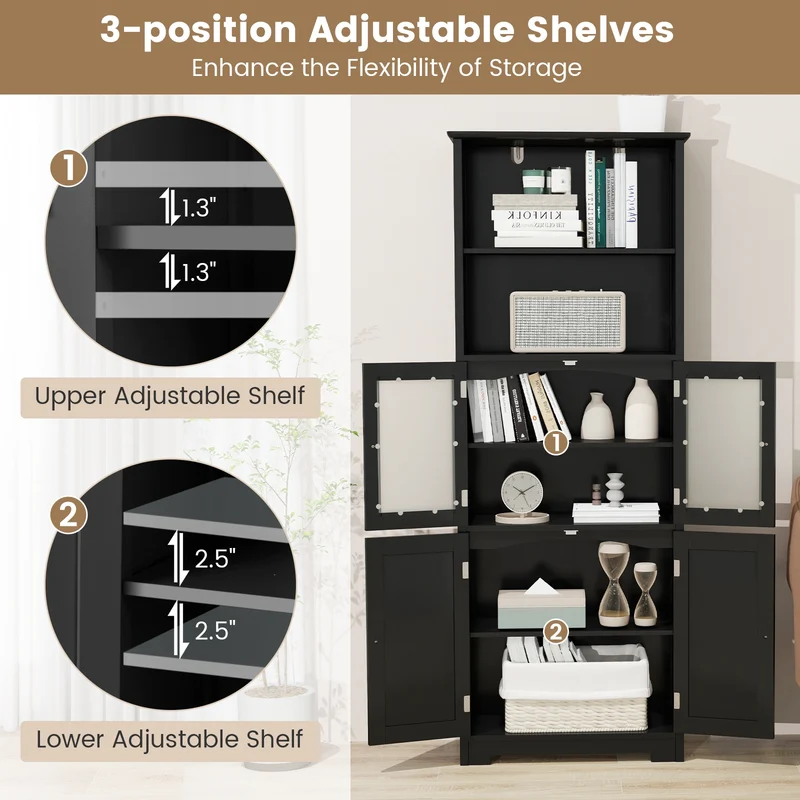 6-Tier Freestanding Bathroom Cabinet, Adjustable Shelves, Black