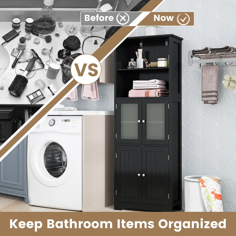 6-Tier Freestanding Bathroom Cabinet, Adjustable Shelves, Black