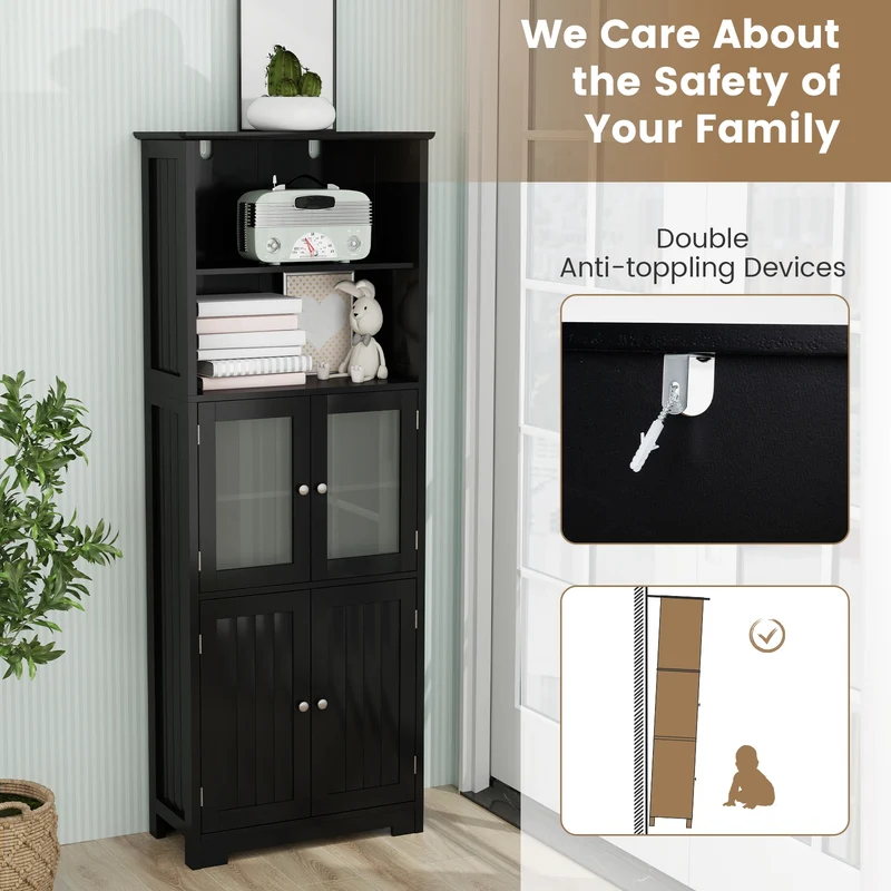 6-Tier Freestanding Bathroom Cabinet, Adjustable Shelves, Black