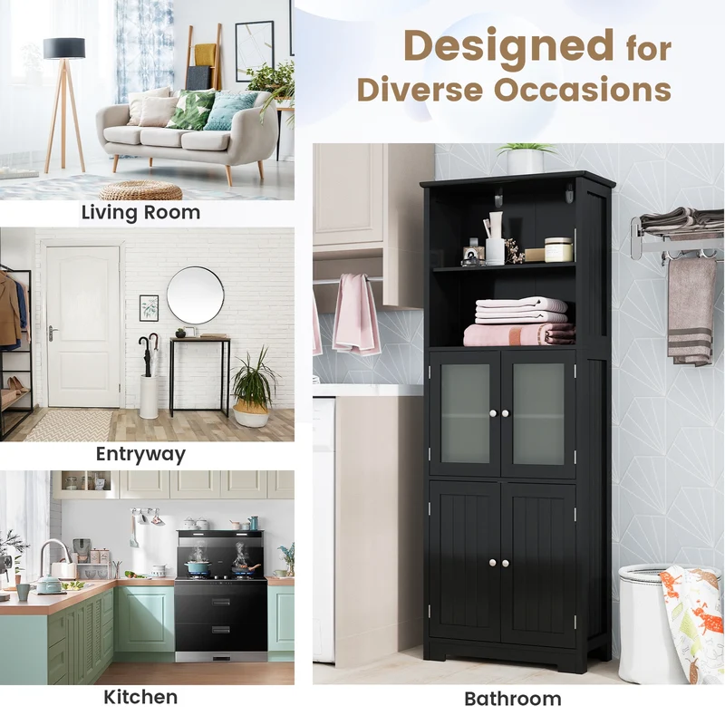 6-Tier Freestanding Bathroom Cabinet, Adjustable Shelves, Black
