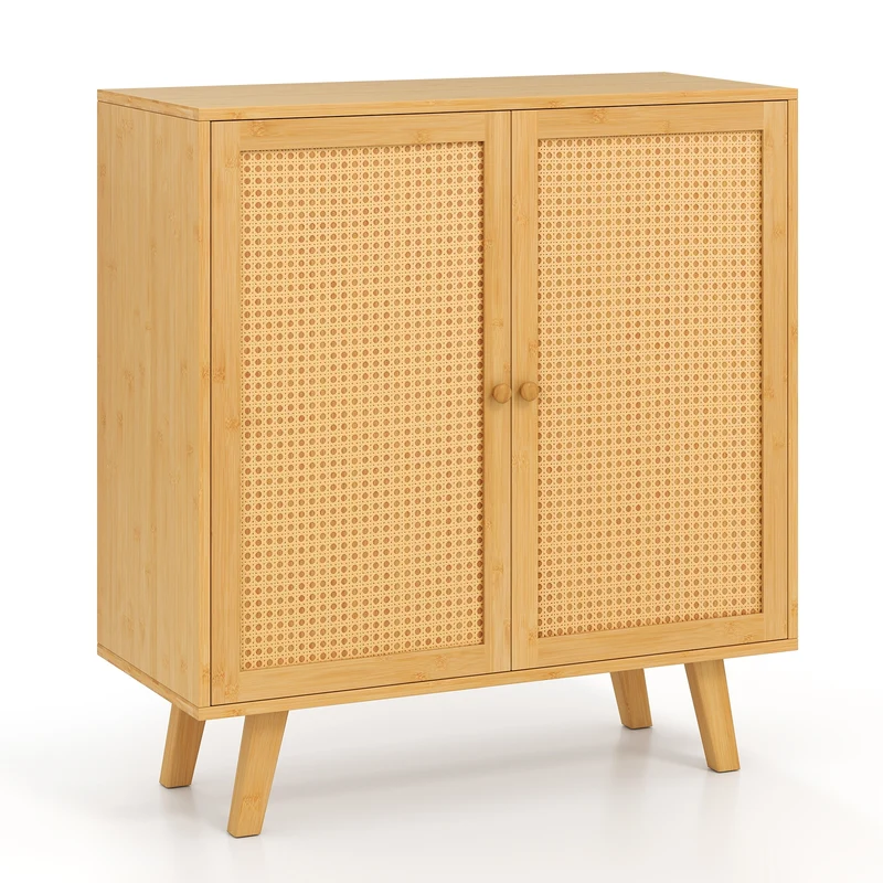 Bamboo Buffet Cabinet, PE Rattan Doors, Freestanding Kitchen Cupboard, Natural