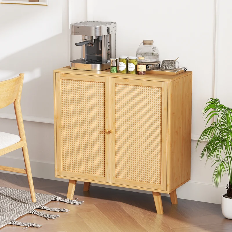 Bamboo Buffet Cabinet, PE Rattan Doors, Freestanding Kitchen Cupboard, Natural
