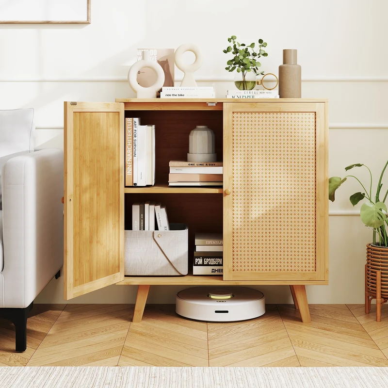 Bamboo Buffet Cabinet, PE Rattan Doors, Freestanding Kitchen Cupboard, Natural