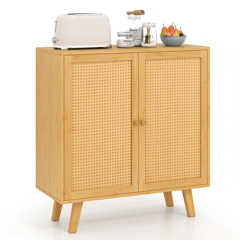Bamboo Buffet Cabinet, PE Rattan Doors, Freestanding Kitchen Cupboard, Natural