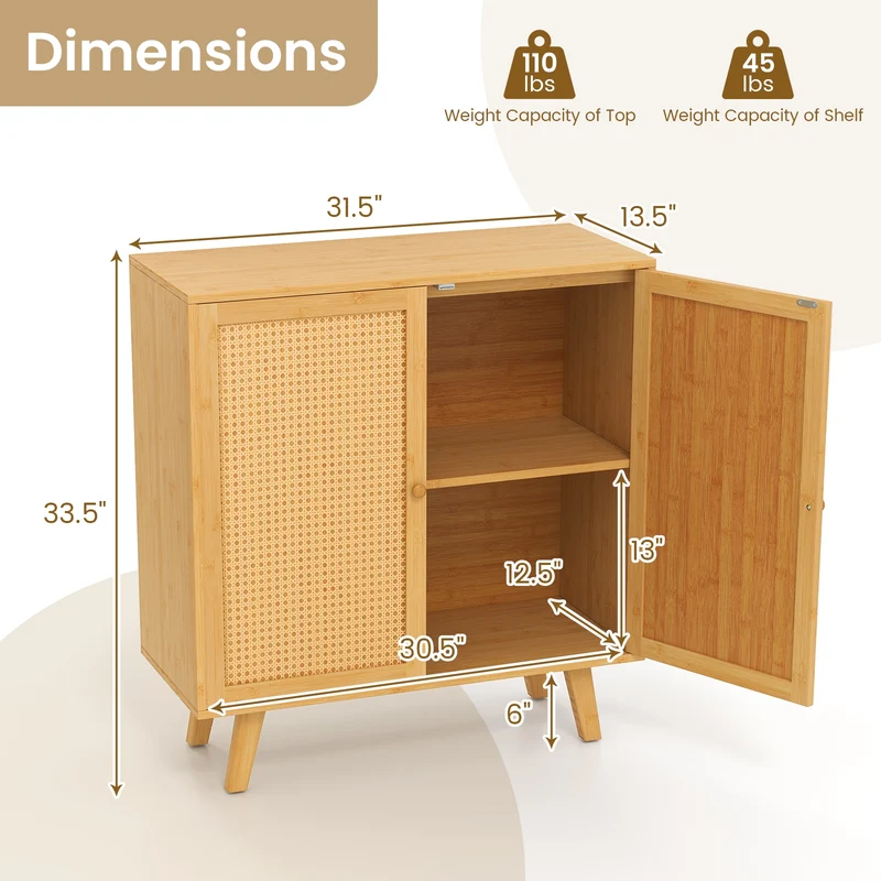 Bamboo Buffet Cabinet, PE Rattan Doors, Freestanding Kitchen Cupboard, Natural