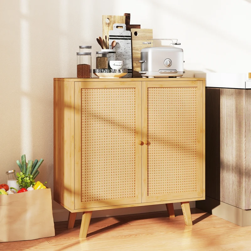 Bamboo Buffet Cabinet, PE Rattan Doors, Freestanding Kitchen Cupboard, Natural