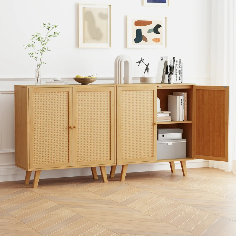 Bamboo Buffet Cabinet, PE Rattan Doors, Freestanding Kitchen Cupboard, Natural