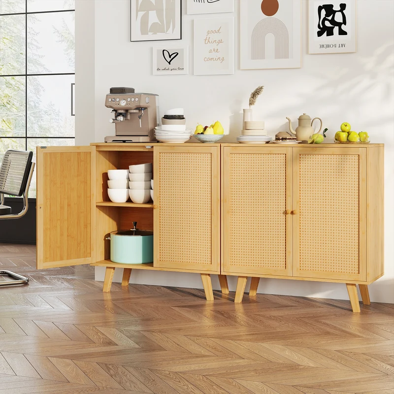 Bamboo Buffet Cabinet, PE Rattan Doors, Freestanding Kitchen Cupboard, Natural
