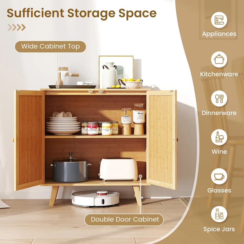Bamboo Buffet Cabinet, PE Rattan Doors, Freestanding Kitchen Cupboard, Natural