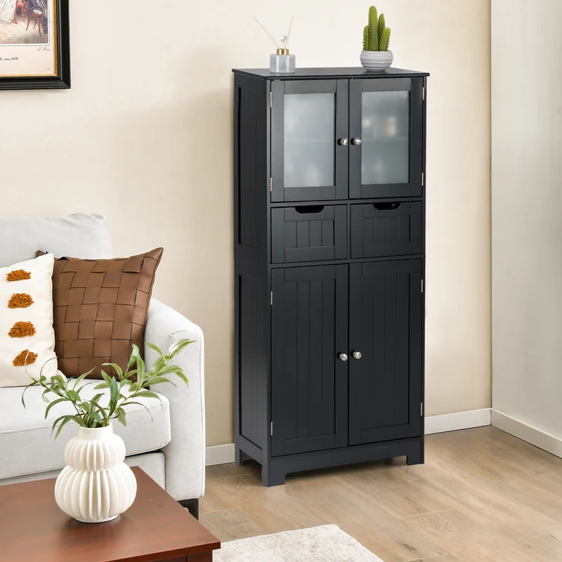 4 Door Freestanding Bathroom Cabinet, 2 Drawers, Glass Doors, Black