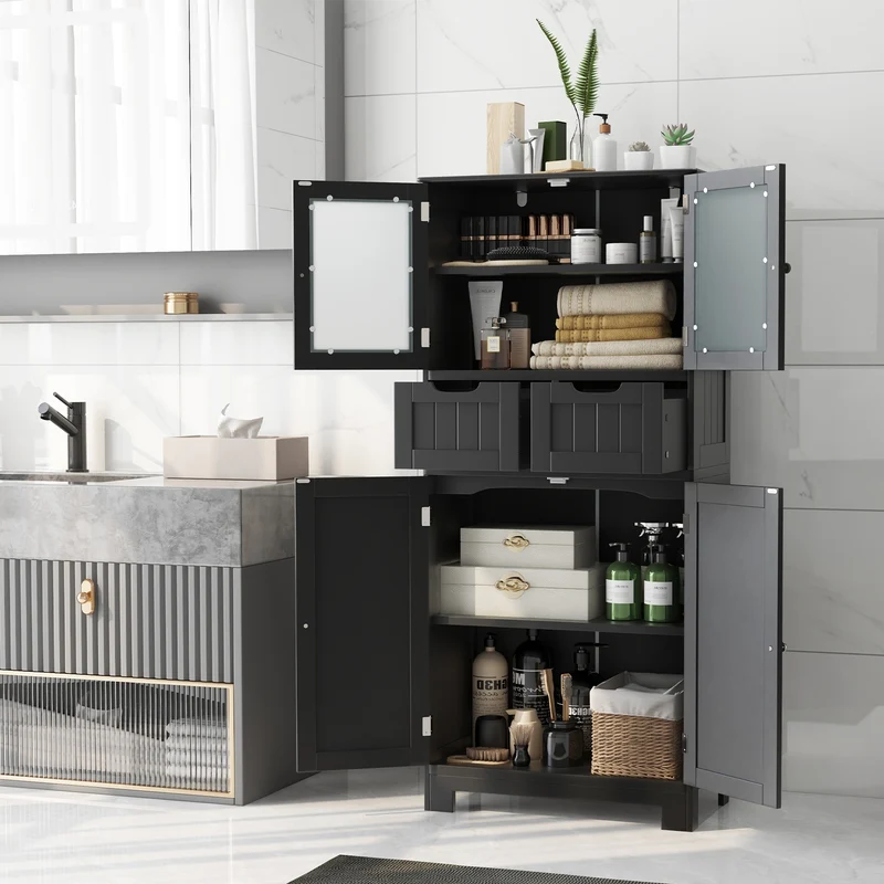 4 Door Freestanding Bathroom Cabinet, 2 Drawers, Glass Doors, Black