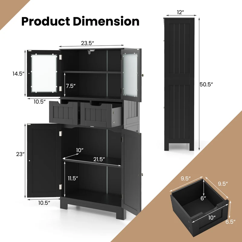 4 Door Freestanding Bathroom Cabinet, 2 Drawers, Glass Doors, Black