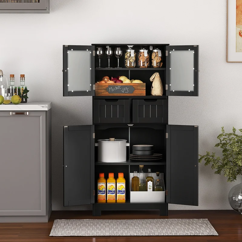 4 Door Freestanding Bathroom Cabinet, 2 Drawers, Glass Doors, Black