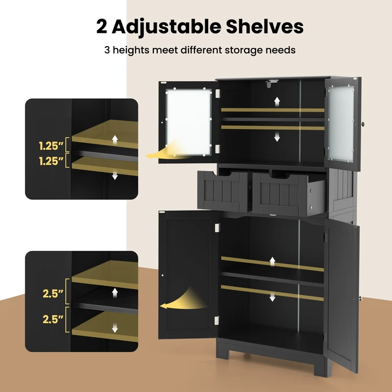 4 Door Freestanding Bathroom Cabinet, 2 Drawers, Glass Doors, Black