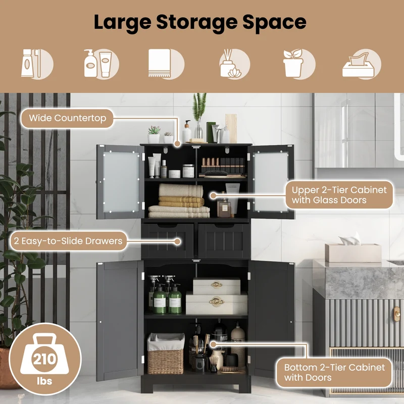 4 Door Freestanding Bathroom Cabinet, 2 Drawers, Glass Doors, Black
