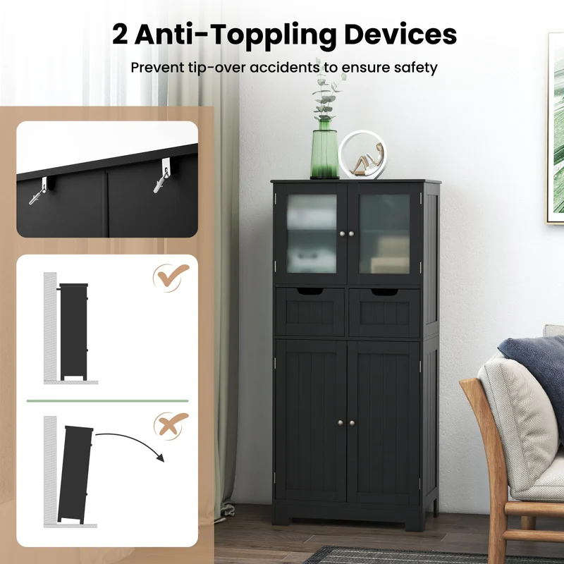 4 Door Freestanding Bathroom Cabinet, 2 Drawers, Glass Doors, Black