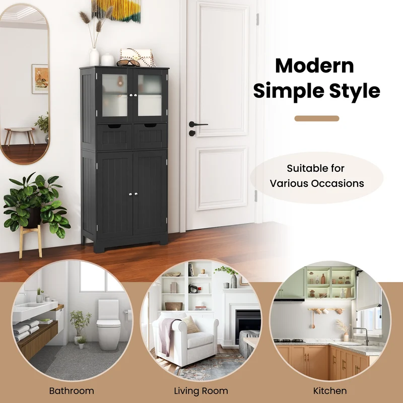 4 Door Freestanding Bathroom Cabinet, 2 Drawers, Glass Doors, Black