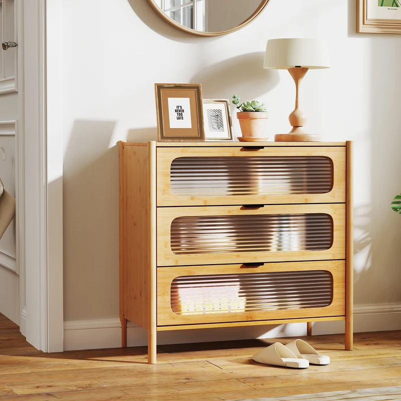 Mid Century Modern Chest, 3 Drawer, Reeded Tempered Glass Front, Natural