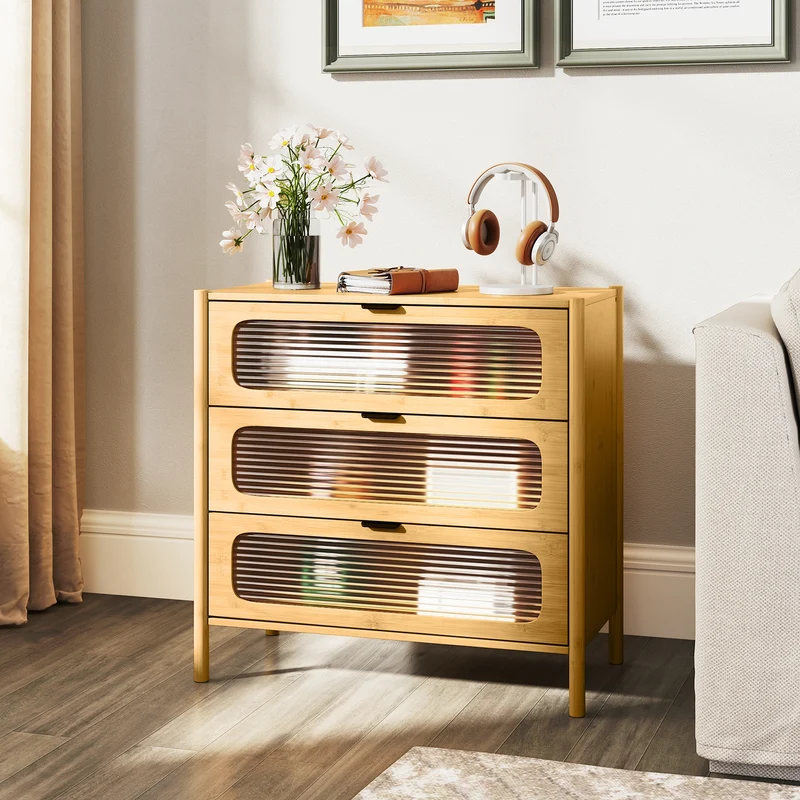 Mid Century Modern Chest, 3 Drawer, Reeded Tempered Glass Front, Natural