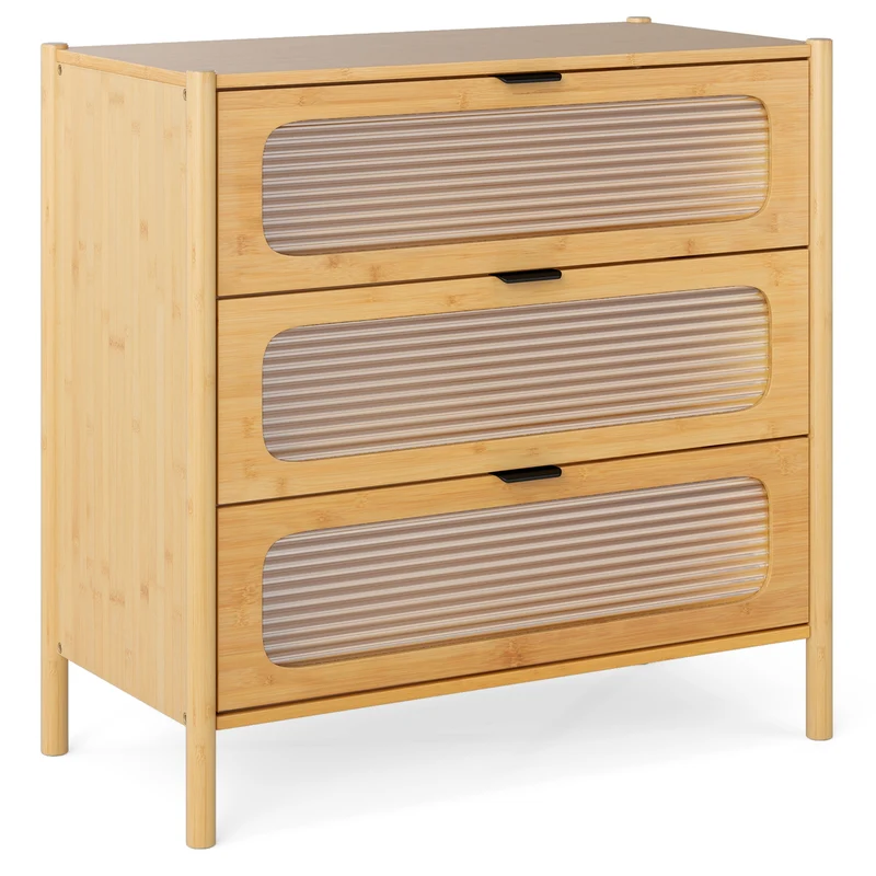 Mid Century Modern Chest, 3 Drawer, Reeded Tempered Glass Front, Natural