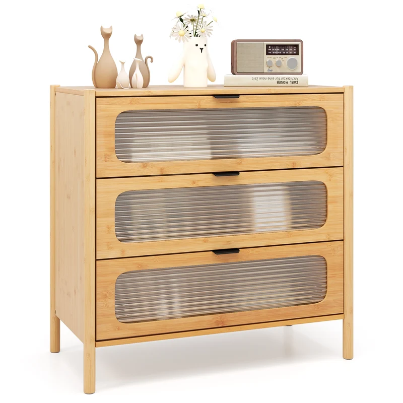 Mid Century Modern Chest, 3 Drawer, Reeded Tempered Glass Front, Natural