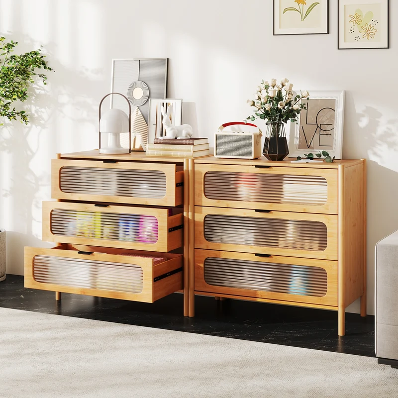 Mid Century Modern Chest, 3 Drawer, Reeded Tempered Glass Front, Natural