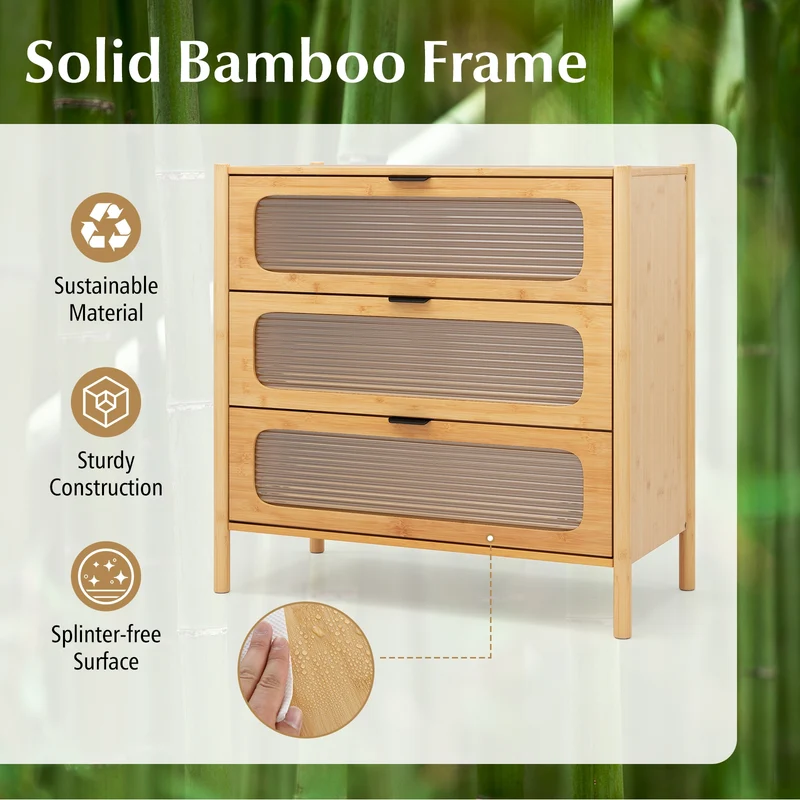 Mid Century Modern Chest, 3 Drawer, Reeded Tempered Glass Front, Natural