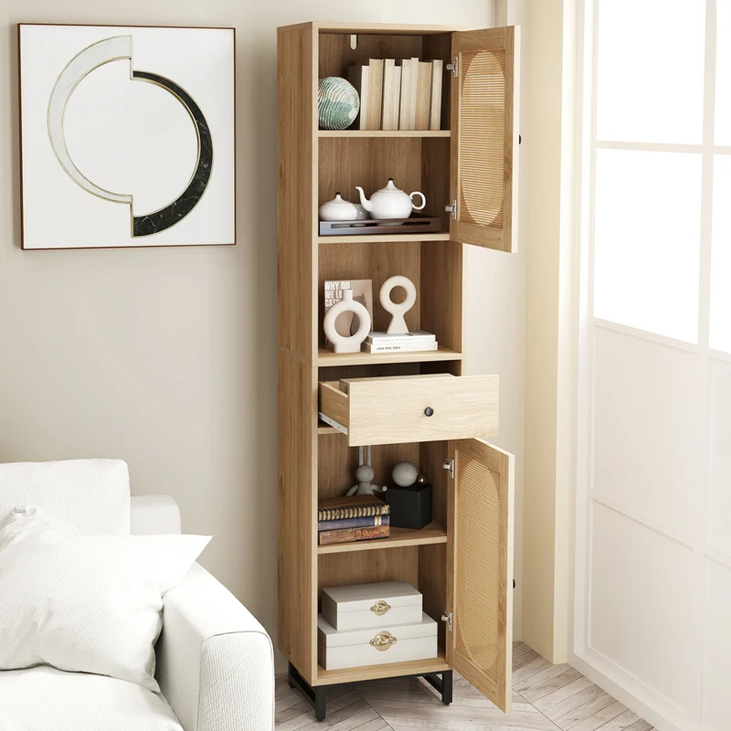 67 Inch Tall Bathroom Cabinet, PE Rattan, 2 Doors, Natural