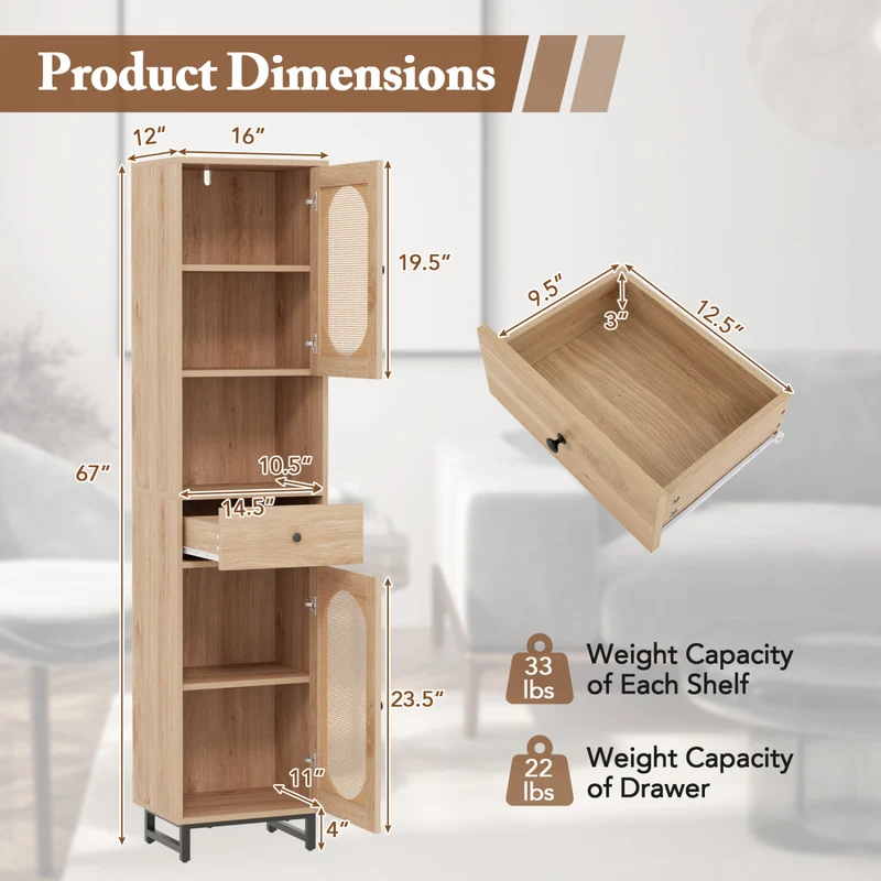 67 Inch Tall Bathroom Cabinet, PE Rattan, 2 Doors, Natural