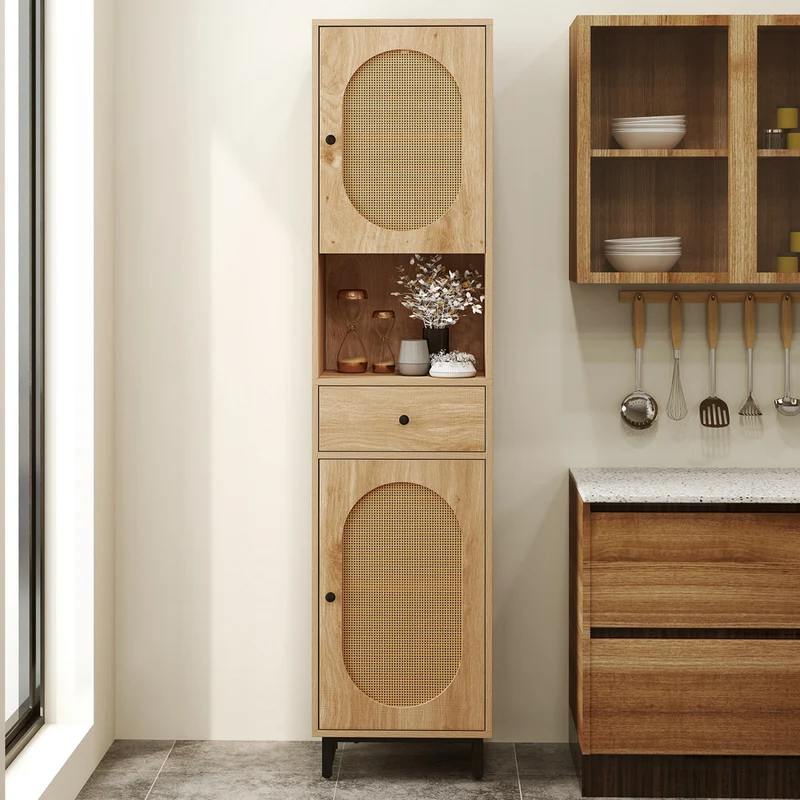 67 Inch Tall Bathroom Cabinet, PE Rattan, 2 Doors, Natural