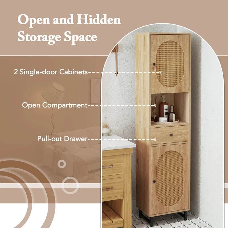67 Inch Tall Bathroom Cabinet, PE Rattan, 2 Doors, Natural