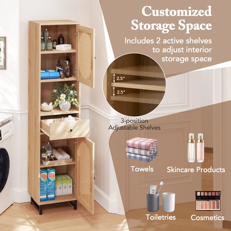 67 Inch Tall Bathroom Cabinet, PE Rattan, 2 Doors, Natural