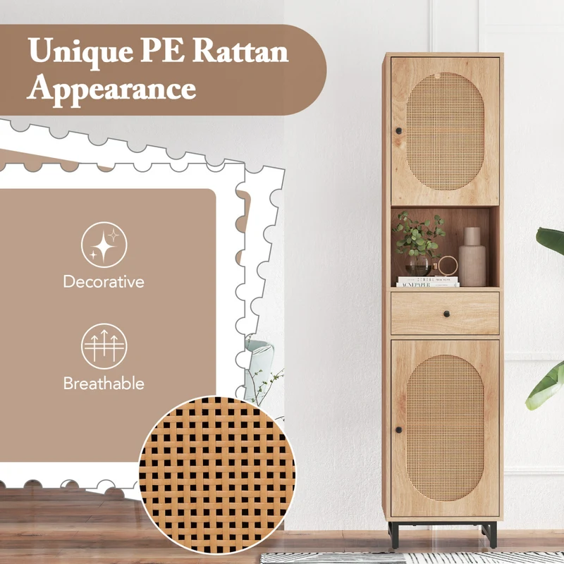 67 Inch Tall Bathroom Cabinet, PE Rattan, 2 Doors, Natural