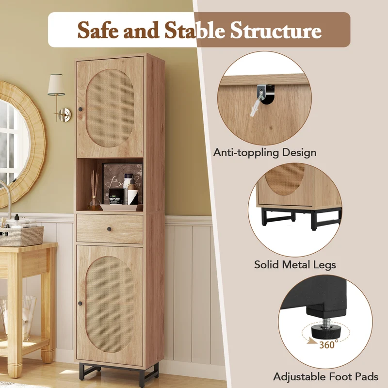 67 Inch Tall Bathroom Cabinet, PE Rattan, 2 Doors, Natural