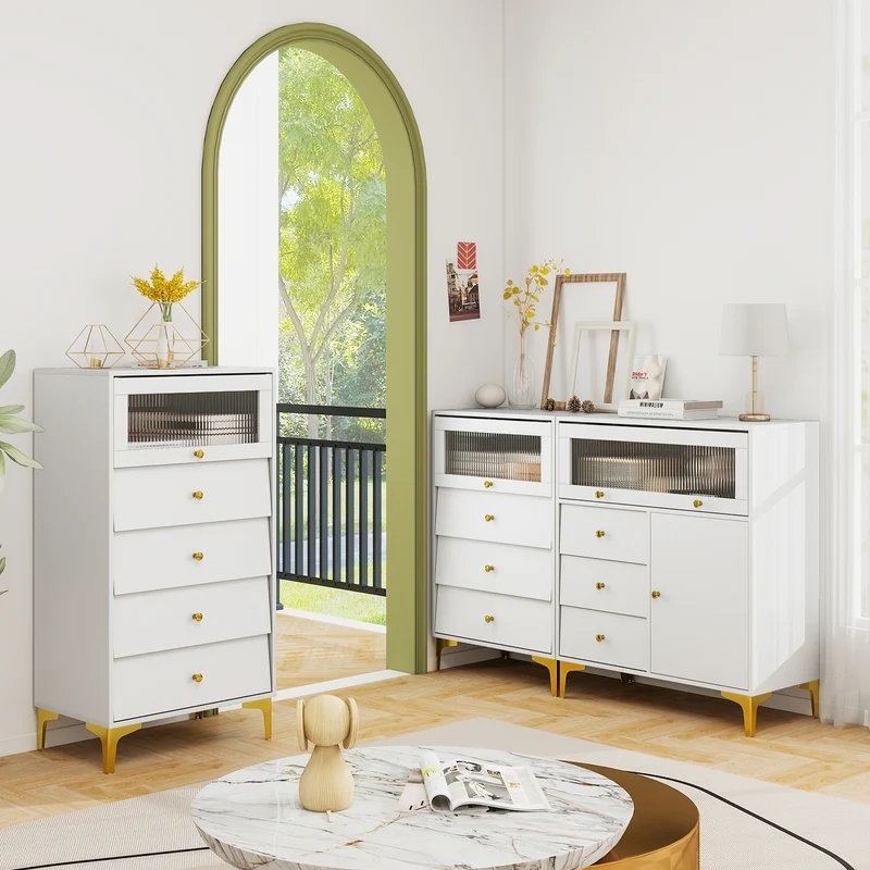 Flip Up Fluted Glass Door Chest of Drawers, Gray
