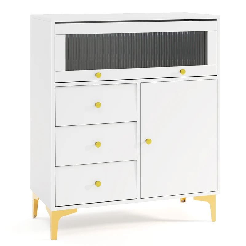 Flip Up Fluted Glass Door Chest of Drawers, Gray