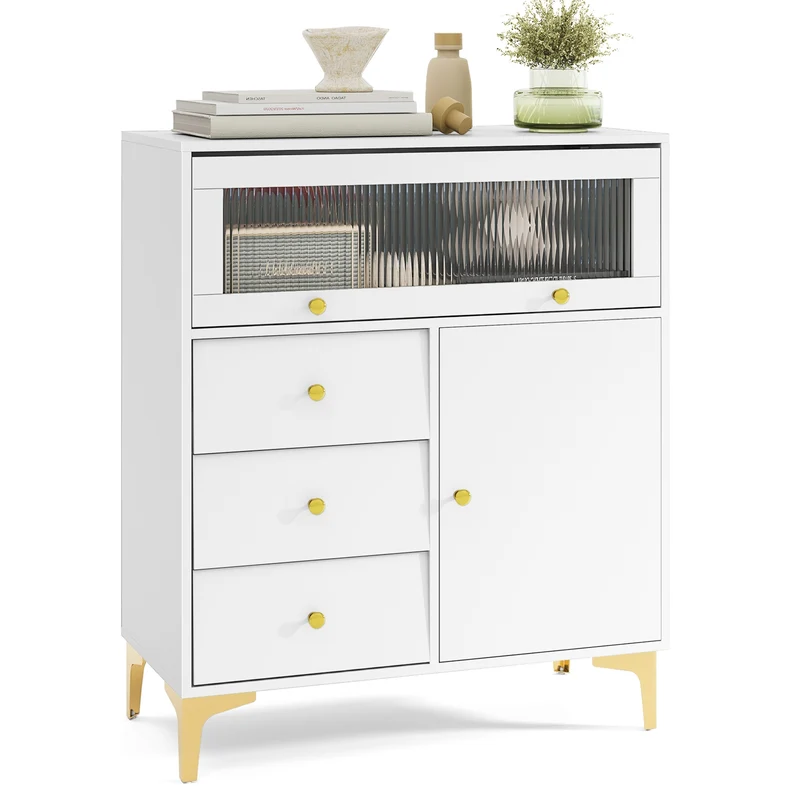 Flip Up Fluted Glass Door Chest of Drawers, Gray