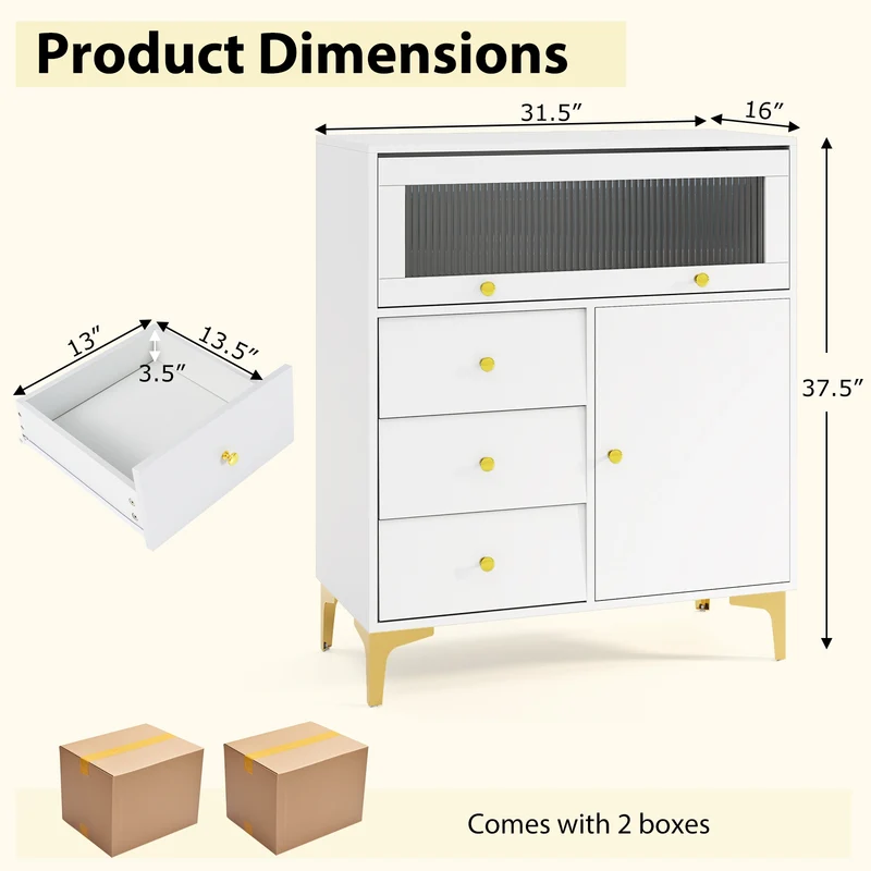 Flip Up Fluted Glass Door Chest of Drawers, Gray