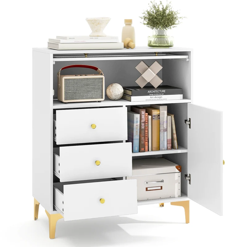 Flip Up Fluted Glass Door Chest of Drawers, Gray