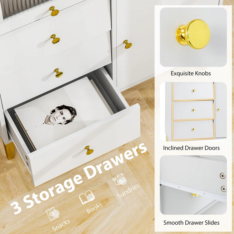 Flip Up Fluted Glass Door Chest of Drawers, Gray