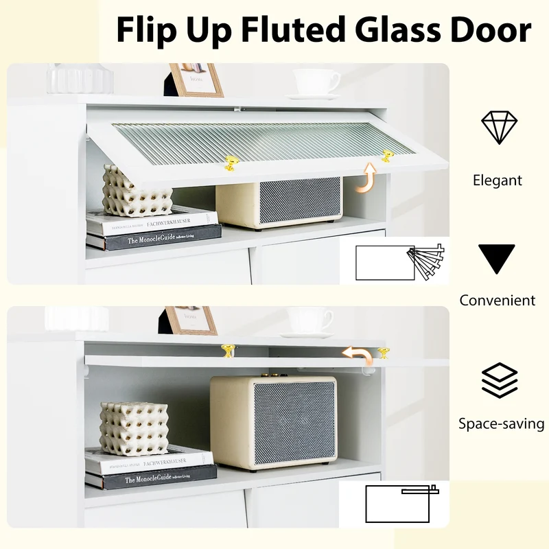 Flip Up Fluted Glass Door Chest of Drawers, Gray