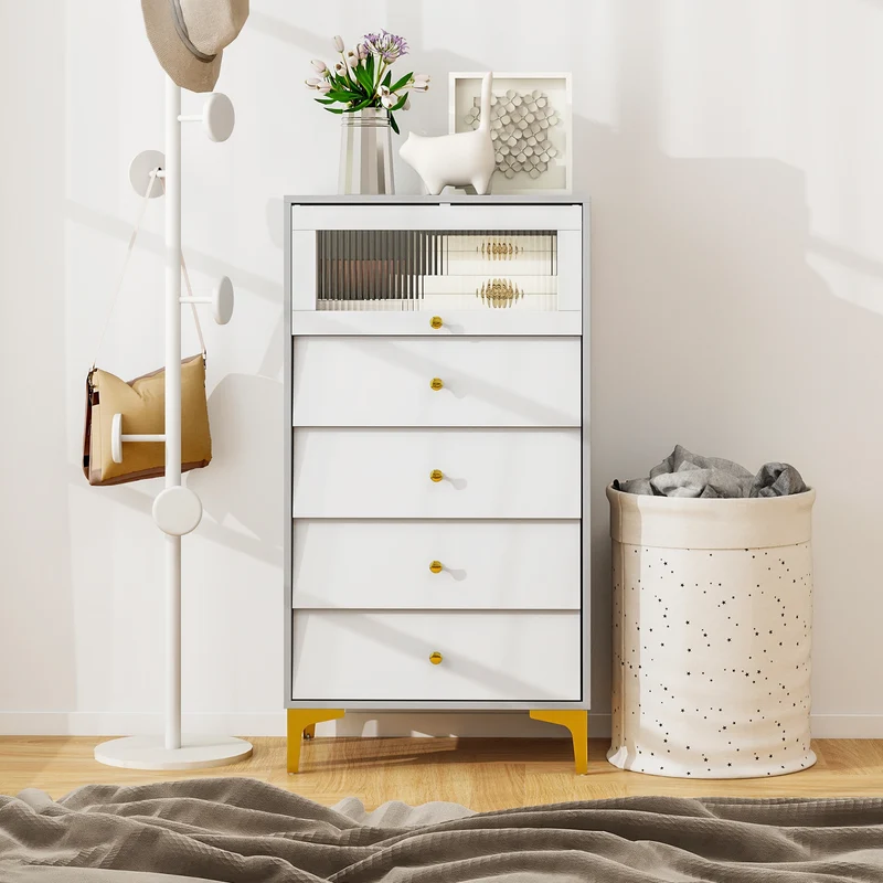 Modern Storage Cabinet, 4 Drawer, Flip Up Fluted Glass Door, Gray and White