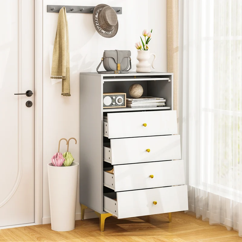 Modern Storage Cabinet, 4 Drawer, Flip Up Fluted Glass Door, Gray and White