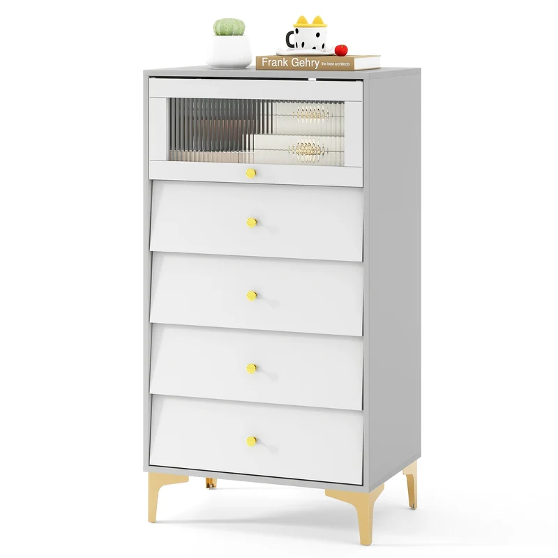 Modern Storage Cabinet, 4 Drawer, Flip Up Fluted Glass Door, Gray and White