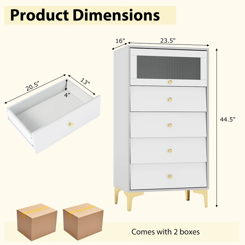 Modern Storage Cabinet, 4 Drawer, Flip Up Fluted Glass Door, Gray and White